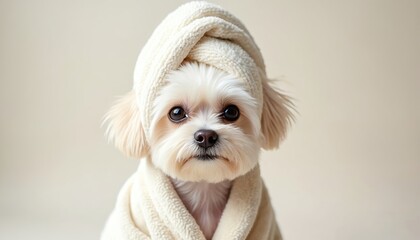 Small dog wears white terrycloth towel on head and soft robe. Adorable fluffy yorkie terrier looks at camera ready for spa treatment. Pet enjoys cozy relaxation after bath.