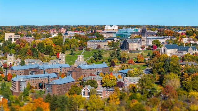 Ithaca, New York, USA - October 19, 2025: Afternoon aerial autumn image of the area surrounding the City of Ithaca, NY,.