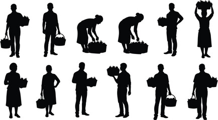 Silhouettes of people carrying and picking fresh fruits and vegetables from baskets, representing harvesting and healthy eating