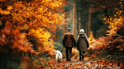 Elderly couple walks along forest path in autumn, holding hands, their dog beside them.