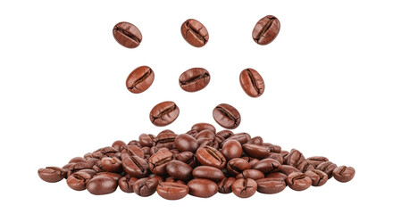 Isolated pile of roasted coffee beans falling, preparation of a hot drink, studio shot