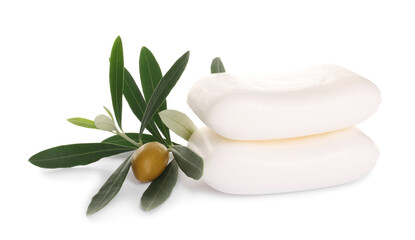 Natural soap bars with olive and green leaves isolated on white