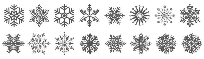 Twelve unique snowflakes present vectorially as detailed monochrome icons 