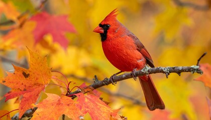 Northern Cardinal Bird Perched on Autumn Branch with Colorful Leaves. Scarlet cardinal rest on fall limb amid vibrant foliage.