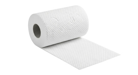 Isolated roll of soft textured toilet paper with sheet hanging off for hygiene purposes