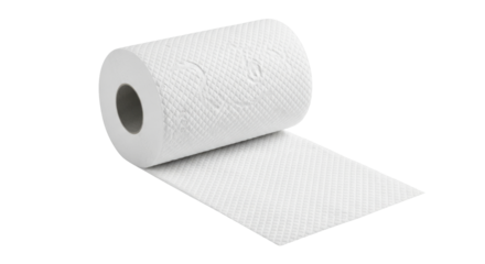 Isolated roll of soft textured toilet paper with sheet hanging off for hygiene purposes