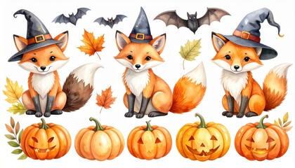 Hand painted watercolor foxes with Halloween pumpkins scary jack o lantern faces bats witch hats and autumn foliage. Adorable woodland animals clipart set. Collection of illustrations.