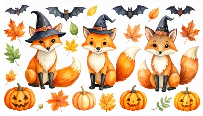 Naklejka premium Hand painted watercolor foxes with Halloween pumpkins scary jack o lantern faces bats witch hats and autumn foliage. Adorable woodland animals clipart set. Collection of illustrations.
