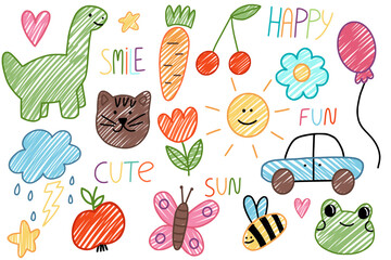 Kids drawing illustration. Colorful crayon doodle set with cute animals, fruits, flowers, sun, clouds and playful handwritten words. Fun children’s drawing  for kids design, decoration and education. 