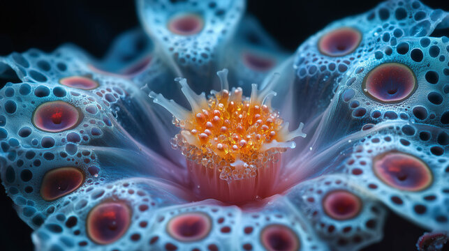 Macro close-up of a vibrant, bioluminescent-like flower or microscopic organism with blue textured petals and an orange, dew-covered center. - Powered by Adobe