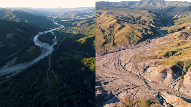 River Ecosystem Transformation: Contrasting landscapes reveal the before and after effects of climate change on a once lush valley, now a dry, barren expanse.