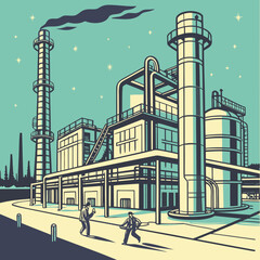 Retro style illustration of an industrial factory complex with smokestacks and pipes under a starry night sky