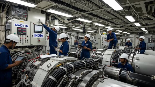 Indian Naval Engineers Maintaining Advanced Machinery Underneath Deck of a Modern Ship Promoting Made in India Initiative