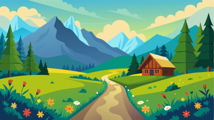A winding path leading through a vibrant meadow adorned with wildflowers and leading to a rustic lodge set against a backdrop of rugged mountains.