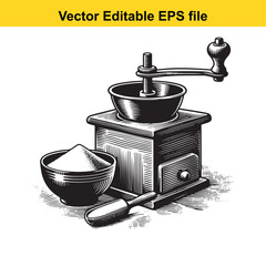 Vector art of vintage coffee grinder with bowl of sugar