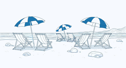 Hand-drawn illustration of a tranquil beach with empty deck chairs and umbrellas by the sea.