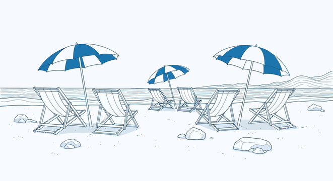 Hand-drawn illustration of a tranquil beach with empty deck chairs and umbrellas by the sea.