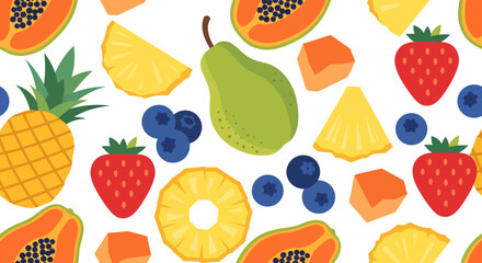 A vibrant and colorful seamless pattern featuring a variety of fresh fruits like strawberries, blueberries, pineapples, papayas, and pears.