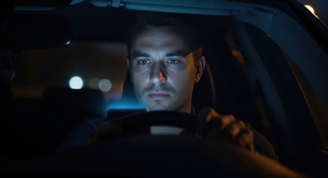 Man distracted by phone while driving car at night. Dangerous behavior and texting while driving concept for road safety campaign and awareness.