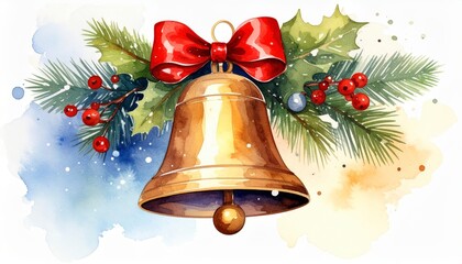 christmas bell watercolor clipart. Festive holiday watercolor graphic a joyful decoration element for christmas card invitation and winter project.