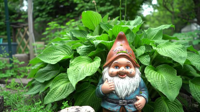Whimsical gnome in a lush garden setting, whimsical statue in yard