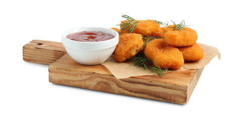 Tasty chicken nuggets with dill and sauce isolated on white