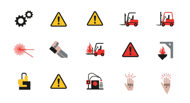 Industrial safety and warning icons machinery operation, forklift, laser, fire, hot surface, and pinch point hazards for workplace protection