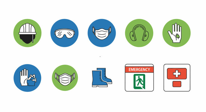 Workplace safety icons essential personal protective equipment and emergency signs for a secure environment