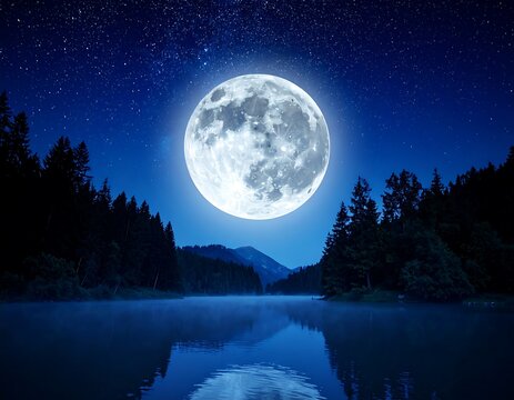 Full Moon Over Misty Lake and Forest.