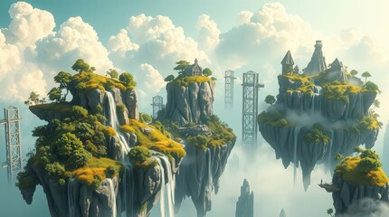 Floating islands with lush greenery and waterfalls cascading down the cliffs