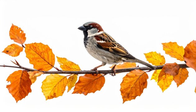 A single sparrow perches on a branch with autumn leaves isolated on a white background. Bird on limb fall foliage plain backdrop avian wildlife nature image simple scene.
