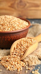 Wheat grains in a bowl and scoop