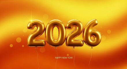 Golden 2026 balloons floating on a vibrant orange and yellow gradient background with bokeh lights