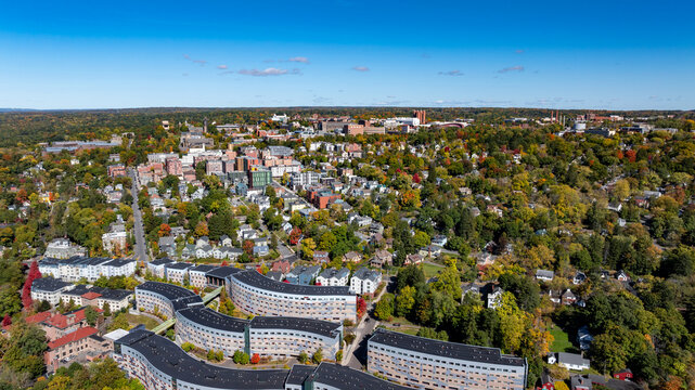 Ithaca, New York, USA - October 12, 2025: Late afternoon aerial autumn image of the area surrounding the City of Ithaca, NY