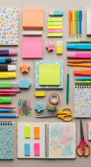 Overhead view of a colorful and organized arrangement of various stationery items, including notebooks, sticky notes, pens, markers, scissors, and tape, neatly placed on a light wooden surface, creati