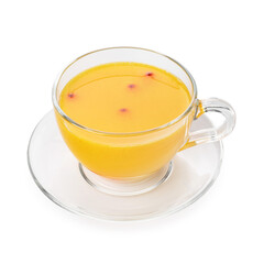 Cup of sea buckthorn tea isolated on white