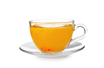 Cup of sea buckthorn tea isolated on white