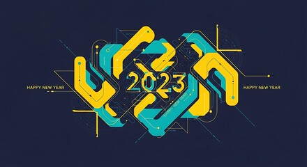 Abstract geometric explosion of yellow and turquoise shapes with the year 2023 in the center on a dark blue background