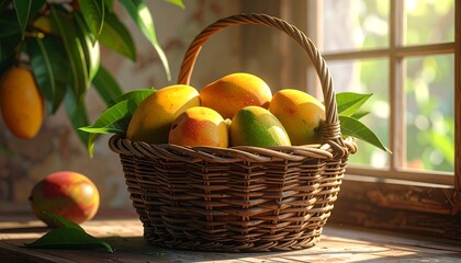 Ripe Mangoes in Rustic Basket near Window.