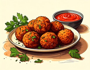 Crispy Fried Food Balls with Tomato Sauce.