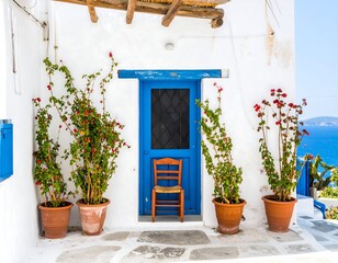 Whimsical, blue-doored house with vibrant plants