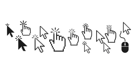 A collection of various cursor icons, including pointer, hand, and loading cursors, presented in a horizontal line.