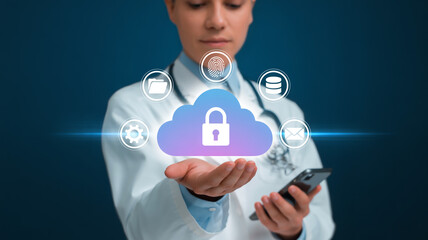 Doctor holding a smartphone with cloud security icons floating above