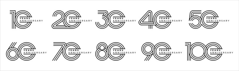 Set of vector logo designs for 10th to 100th anniversary, in black color for celebrations, weddings and birthdays