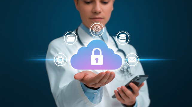 Doctor holding a smartphone with cloud security icons floating above