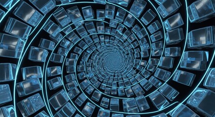 Abstract 3d spiral of cubes with blue and teal tones creating a sense of infinite depth and motion