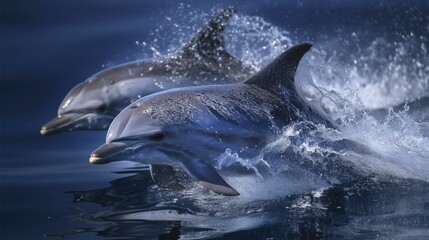 Fototapeta premium Dolphins leap joyfully over calm ocean waters during a sunny afternoon near the coast