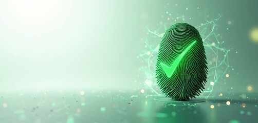 Glowing green digital fingerprint check mark. Shows successful identity verification. Modern biometric tech confirms secure access. Data protection, privacy, personal info safe. Digital ID