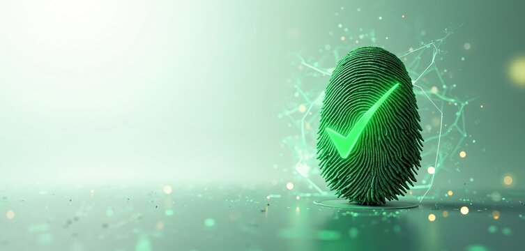 Glowing green digital fingerprint check mark. Shows successful identity verification. Modern biometric tech confirms secure access. Data protection, privacy, personal info safe. Digital ID