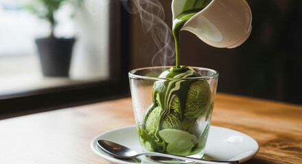 Steaming Matcha Ice Cream Dessert with Sauce Drizzle